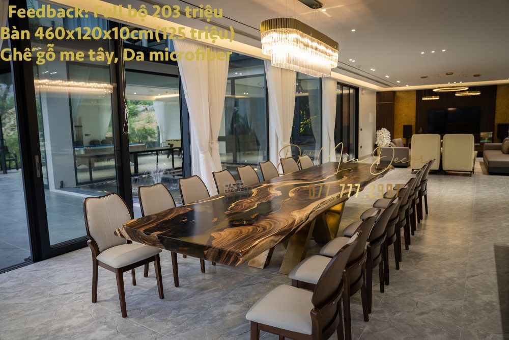 Bộ bàn ăn epoxy gỗ me tây màu hổ phách lấy cảm hứng từ giải lụa bay trong gió