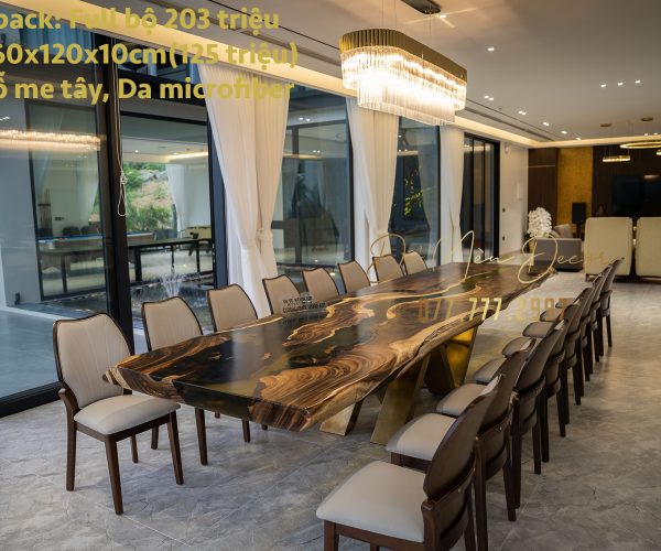 Bộ bàn ăn epoxy gỗ me tây màu hổ phách lấy cảm hứng từ giải lụa bay trong gió