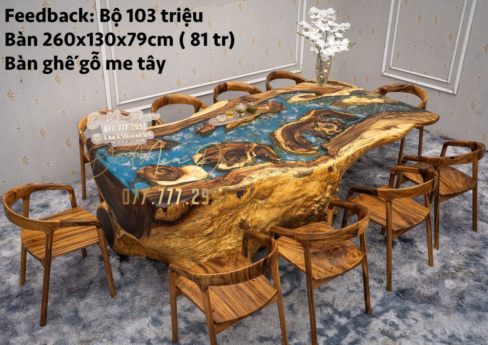 Bàn Epoxy Bãi Biển Vẽ Tay Cao Cấp – Gỗ Nguyên Khối Nghệ Thuật